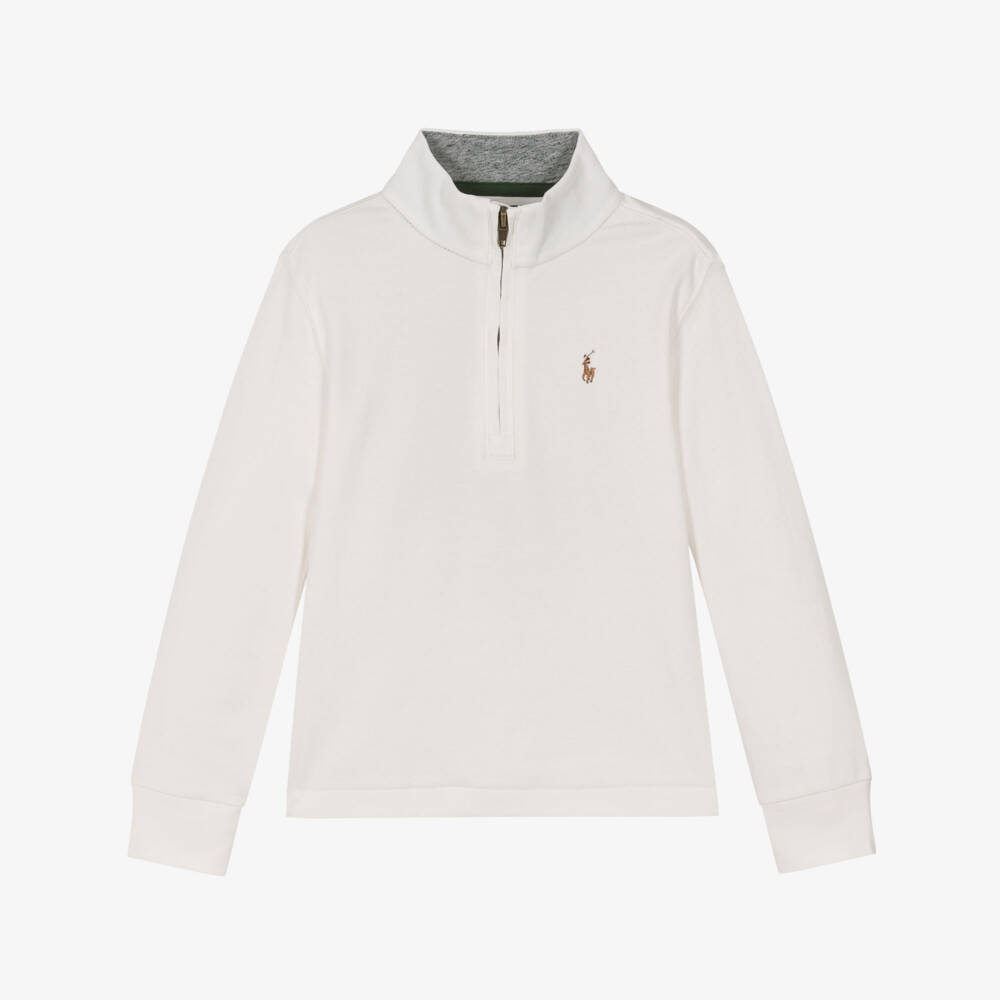 Ralph Lauren-Boys Ivory Cotton Half-Zip Long-Sleeved Top | Childrensalon