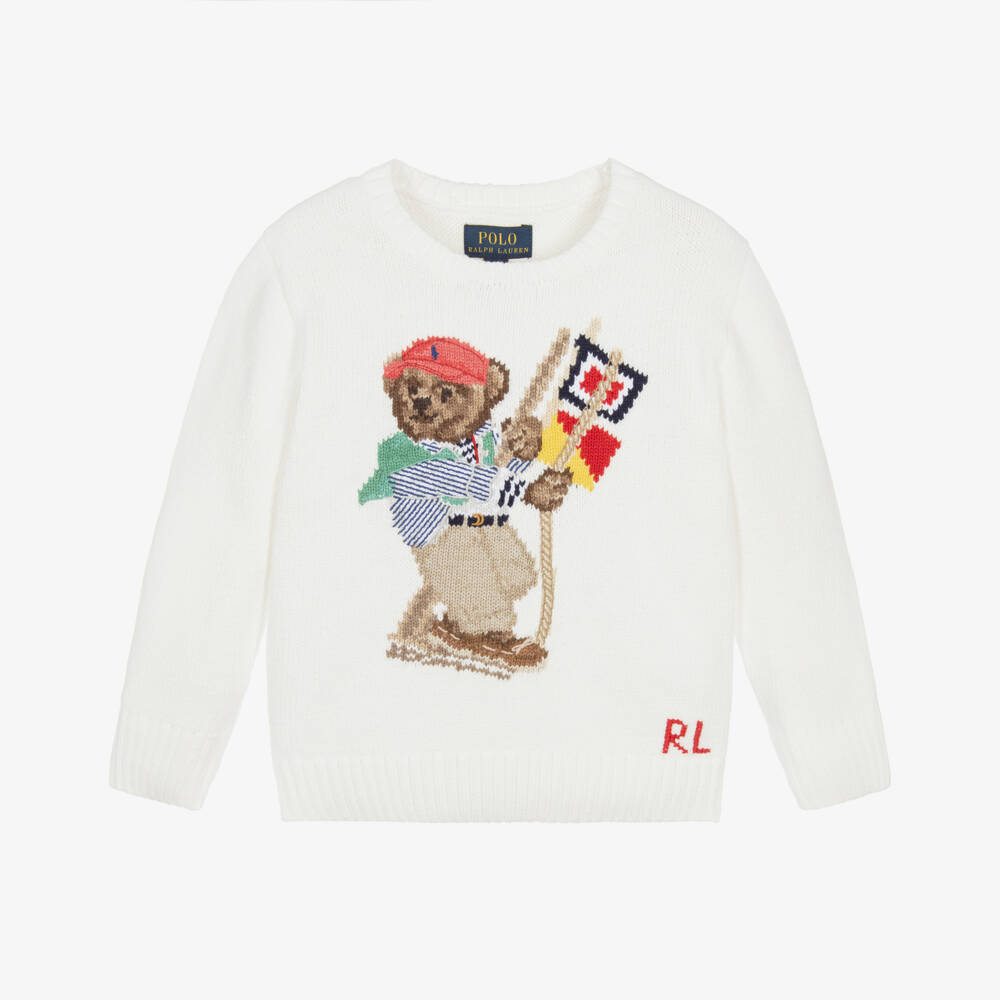 Ralph Lauren-Boys Ivory Cotton Knit Polo Bear Jumper | Childrensalon