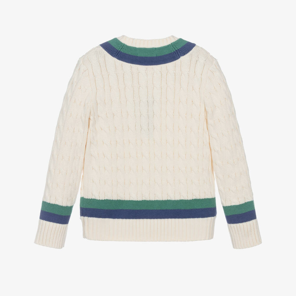 Ralph Lauren-Boys Ivory Cotton Knit V-Neck Cricket Sweater | Childrensalon