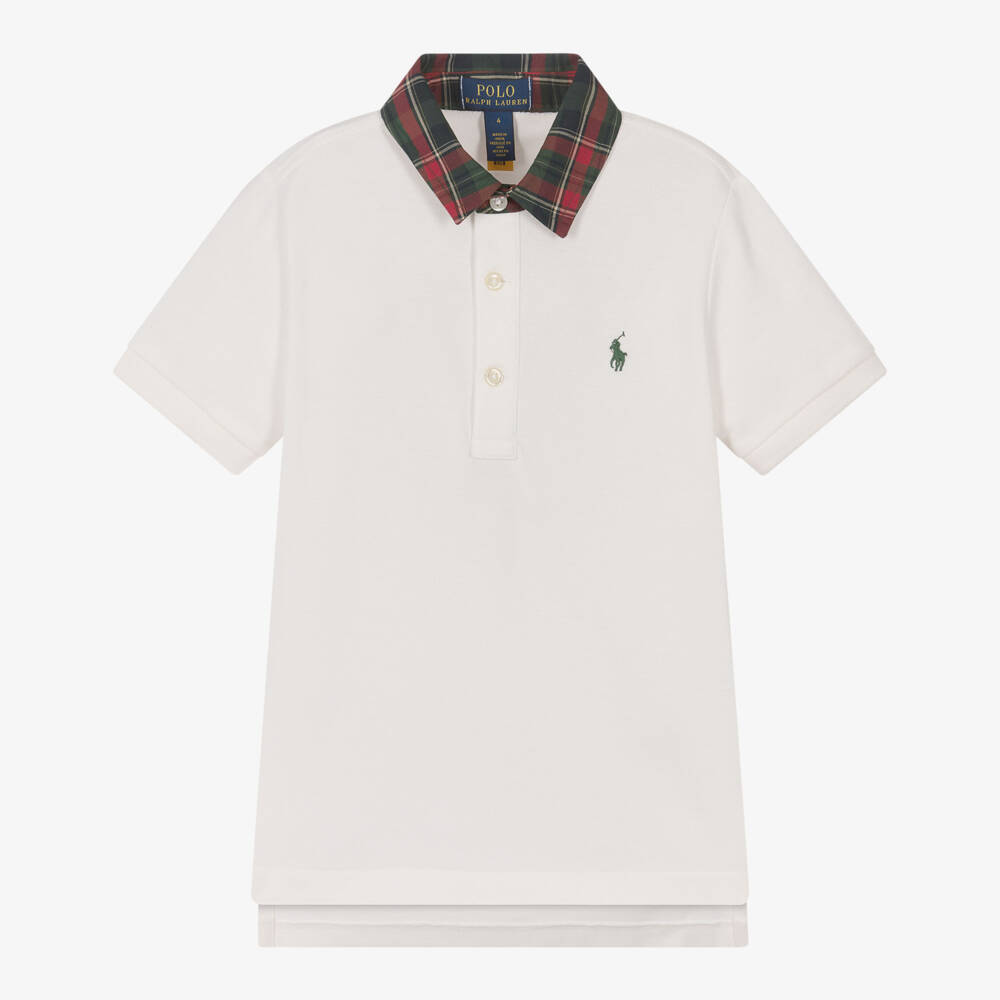Ralph Lauren-Boys Ivory Cotton Piqué Polo Shirt with Tartan Collar | Childrensalon