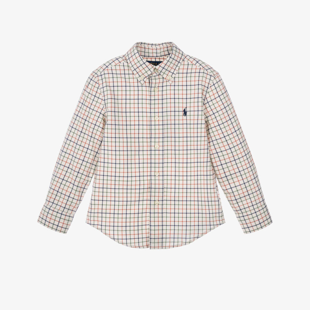 Ralph Lauren-Boys Ivory Cotton Shirt with Colourful Check | Childrensalon