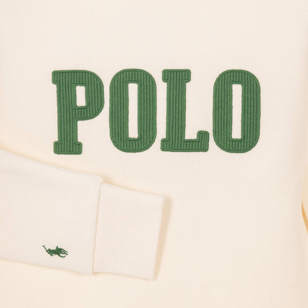 Ralph Lauren-Boys Ivory Cotton Sweatshirt with Green Polo Logo | Childrensalon