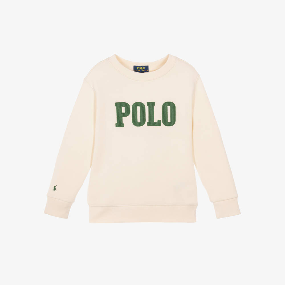 Ralph Lauren-Boys Ivory Cotton Sweatshirt with Green Polo Logo | Childrensalon