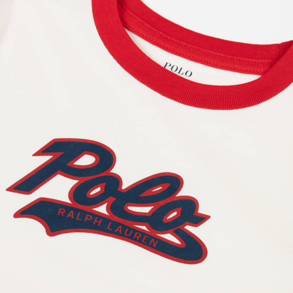 Ralph Lauren-تيشيرت قطن بأكمام بألوان بلوك لون عاجي للأولاد | Childrensalon