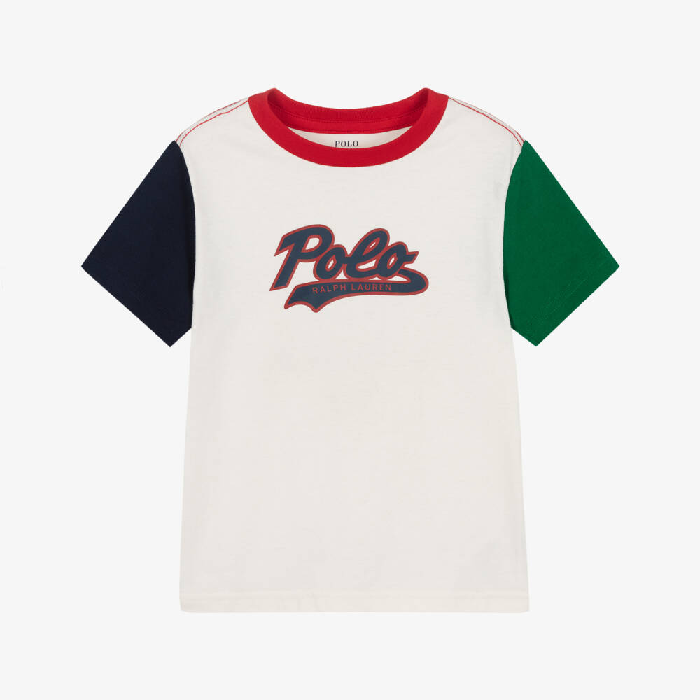 Ralph Lauren-Boys Ivory Cotton T-Shirt with Colourblock Sleeves | Childrensalon