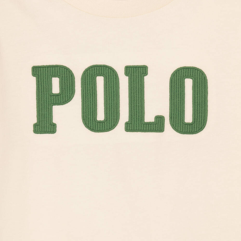 Ralph Lauren-Boys Ivory Cotton T-Shirt with Green Polo Logo | Childrensalon