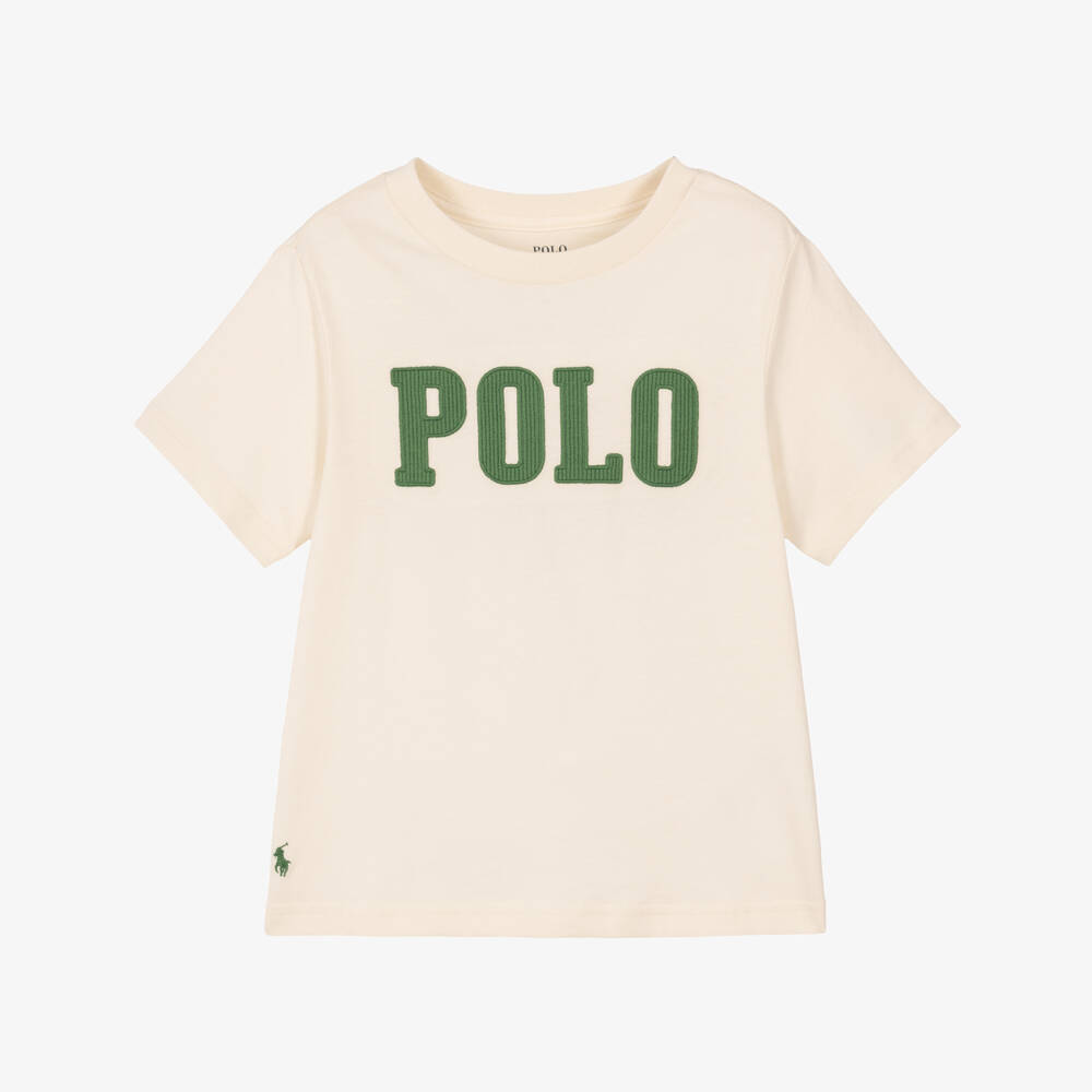 Ralph Lauren-Boys Ivory Cotton T-Shirt with Green Polo Logo | Childrensalon