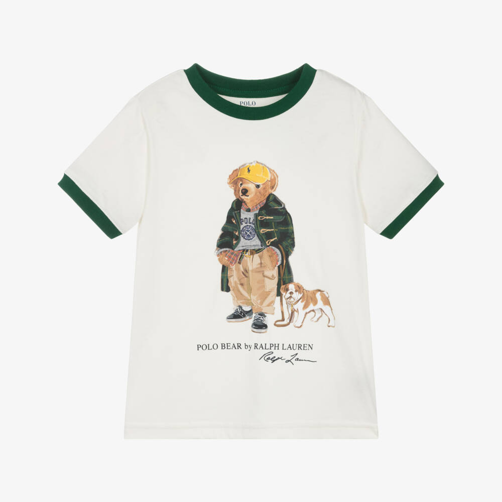 Ralph Lauren-Boys Ivory Cotton T-Shirt with Green Trims & Polo Bear Print | Childrensalon