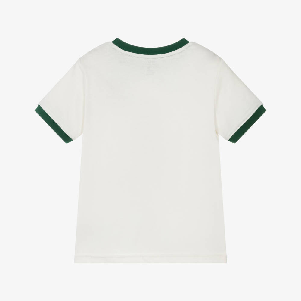 Ralph Lauren-Boys Ivory Cotton T-Shirt with Green Trims & Polo Bear Print | Childrensalon