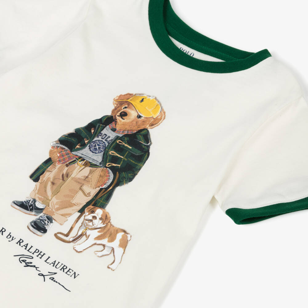 Ralph Lauren-Boys Ivory Cotton T-Shirt with Green Trims & Polo Bear Print | Childrensalon