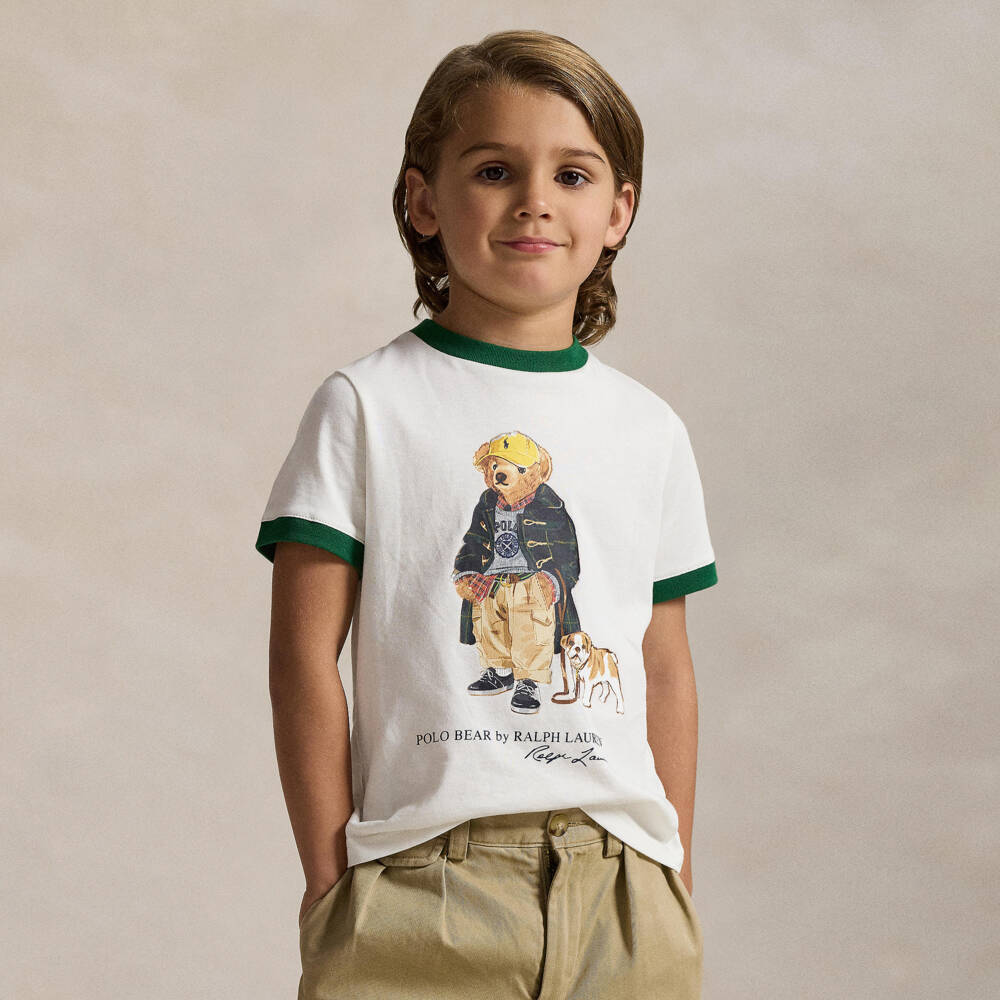 Ralph Lauren-Boys Ivory Cotton T-Shirt with Green Trims & Polo Bear Print | Childrensalon