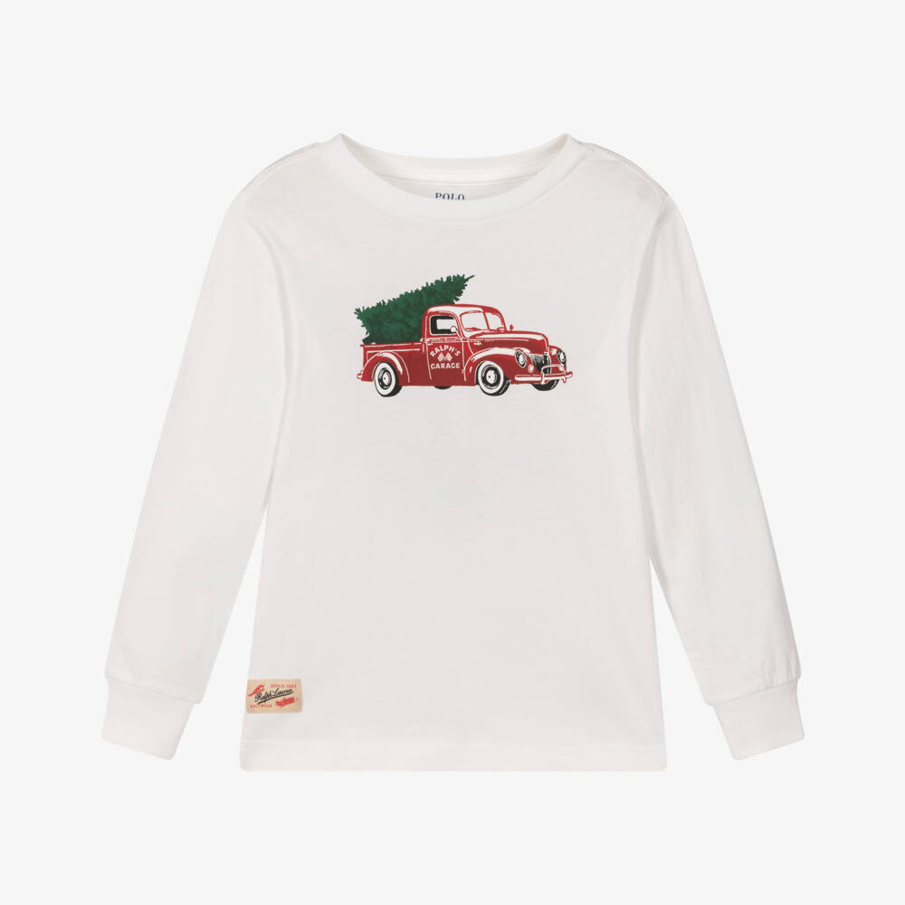 Ralph Lauren-Boys Ivory Cotton Top with Festive Print | Childrensalon