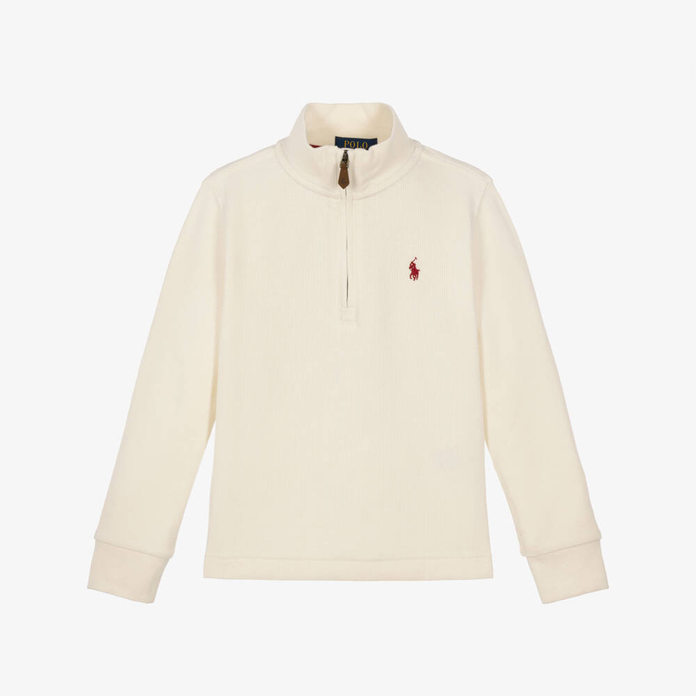 Ralph Lauren-Boys Ivory Jersey Knit Quarter-Zip Sweater | Childrensalon