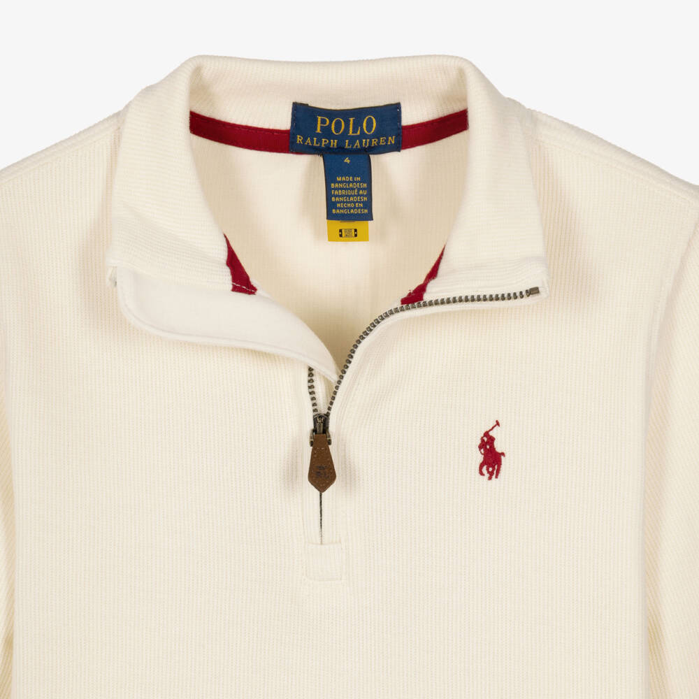 Ralph Lauren-Boys Ivory Jersey Knit Quarter-Zip Sweater | Childrensalon
