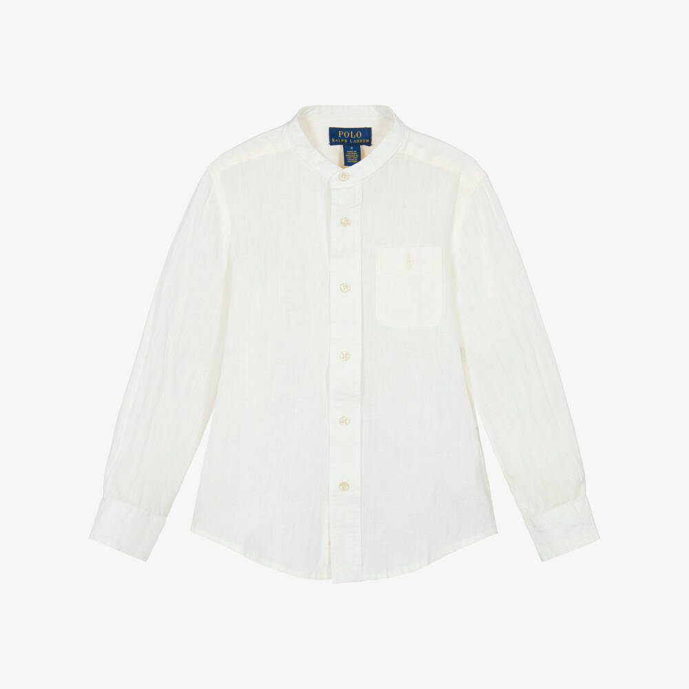 Ralph Lauren-Boys Ivory Linen Collarless Shirt with Tonal Pony Logo | Childrensalon