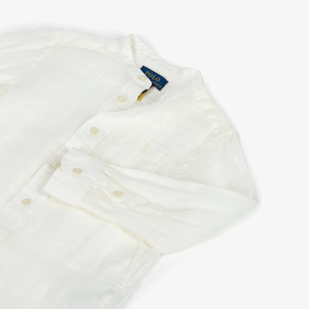 Ralph Lauren-Boys Ivory Linen Collarless Shirt with Tonal Pony Logo | Childrensalon