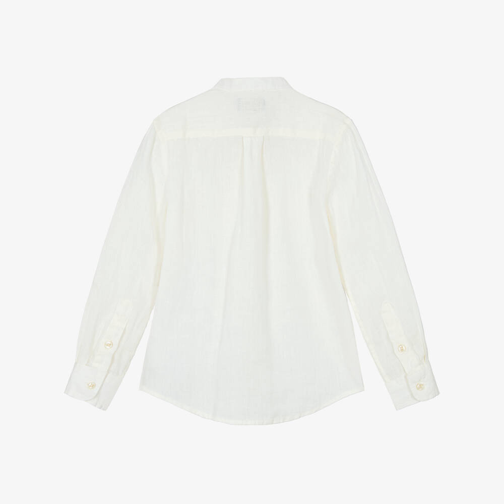 Ralph Lauren-Boys Ivory Linen Collarless Shirt with Tonal Pony Logo | Childrensalon