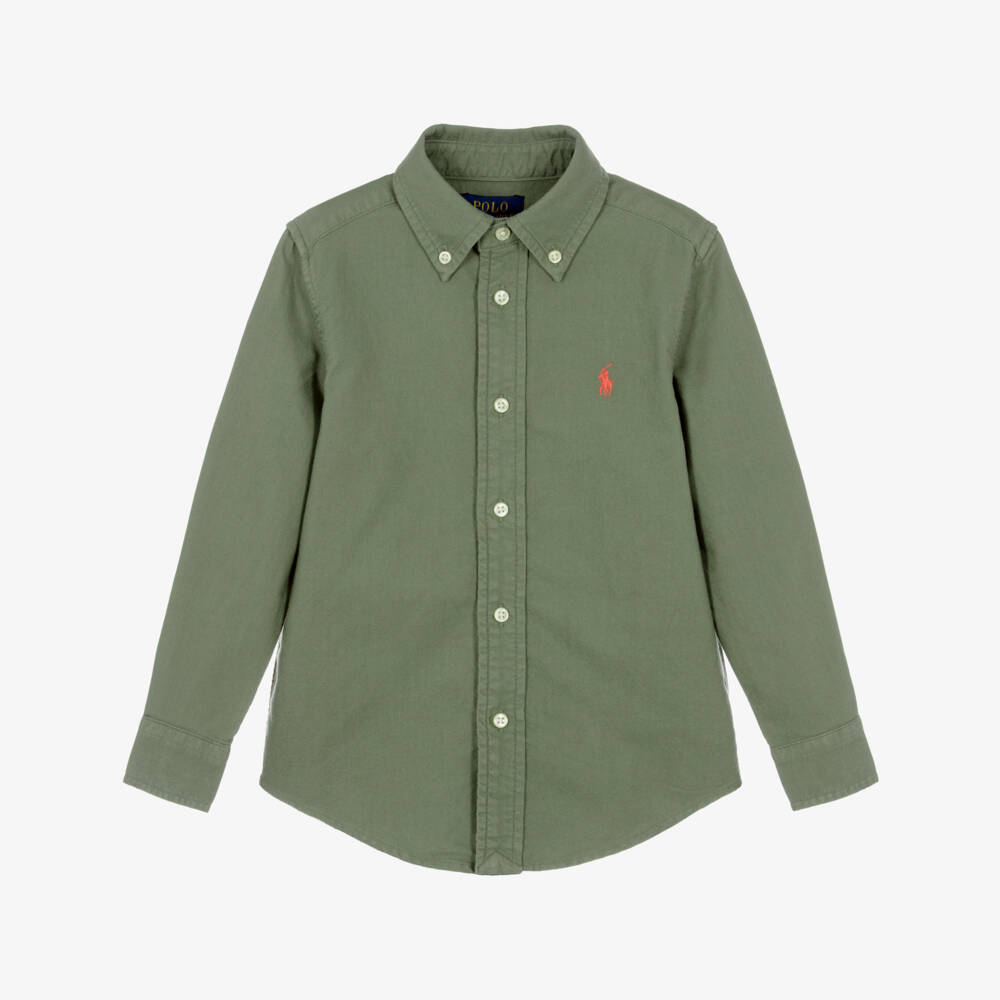 Ralph Lauren-Boys Khaki Green Oxford Cotton Shirt | Childrensalon