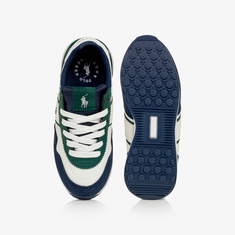 Ralph Lauren-Boys Lace-Up Trainers in White, Blue & Green | Childrensalon