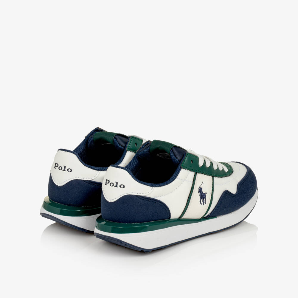 Ralph Lauren-Boys Lace-Up Trainers in White, Blue & Green | Childrensalon