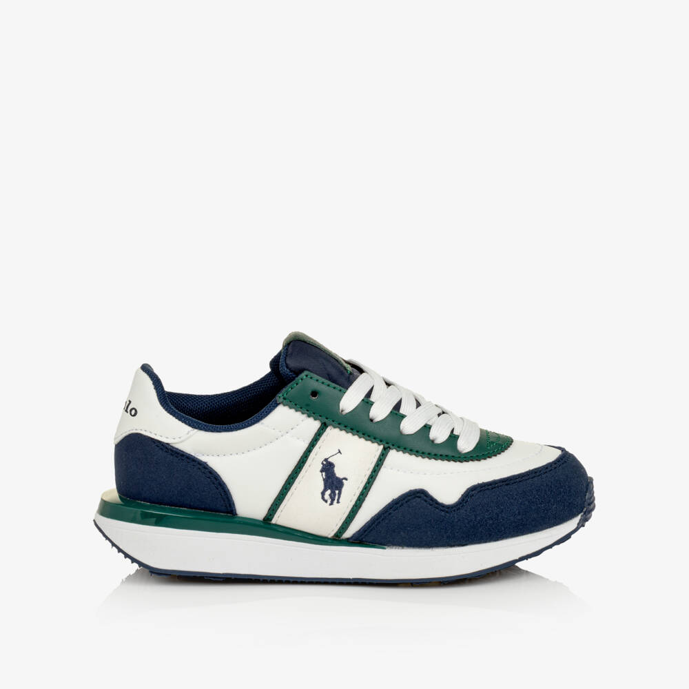 Ralph Lauren-Boys Lace-Up Trainers in White, Blue & Green | Childrensalon