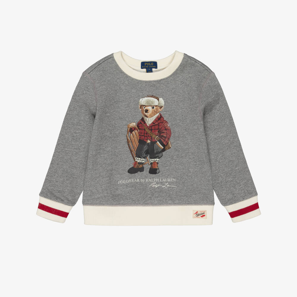 Ralph Lauren-Boys Light Grey Marl Sweatshirt with Polo Bear Print | Childrensalon