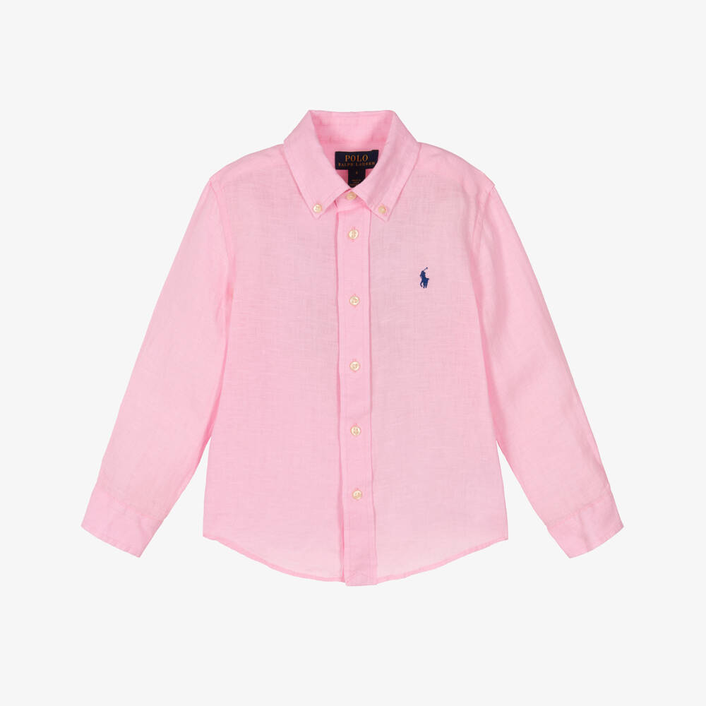 Ralph Lauren-قميص كتان بأكمام طويلة لون زهري فاتح للأولاد | Childrensalon