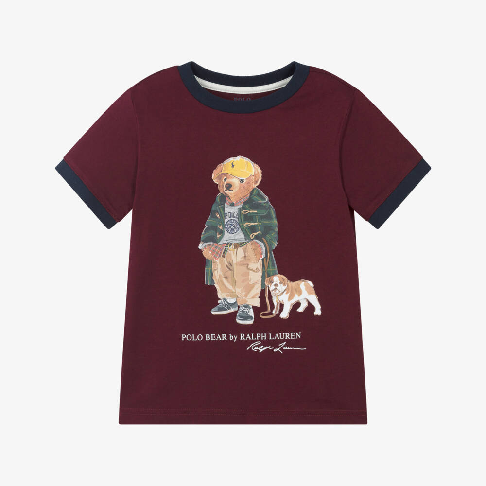 Ralph Lauren-Boys Maroon Red Cotton T-Shirt with Polo Bear Motif | Childrensalon