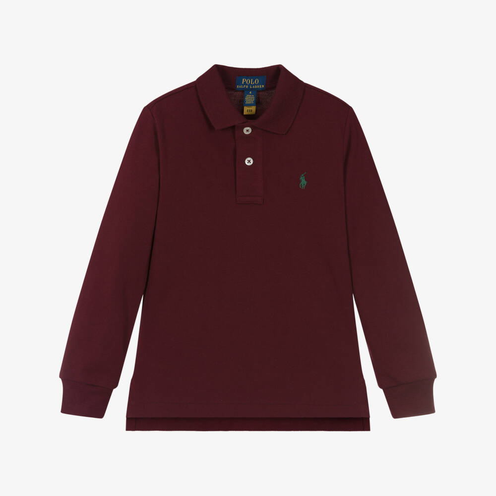 Ralph Lauren-Boys Maroon Red Long-Sleeve Cotton Polo Shirt | Childrensalon