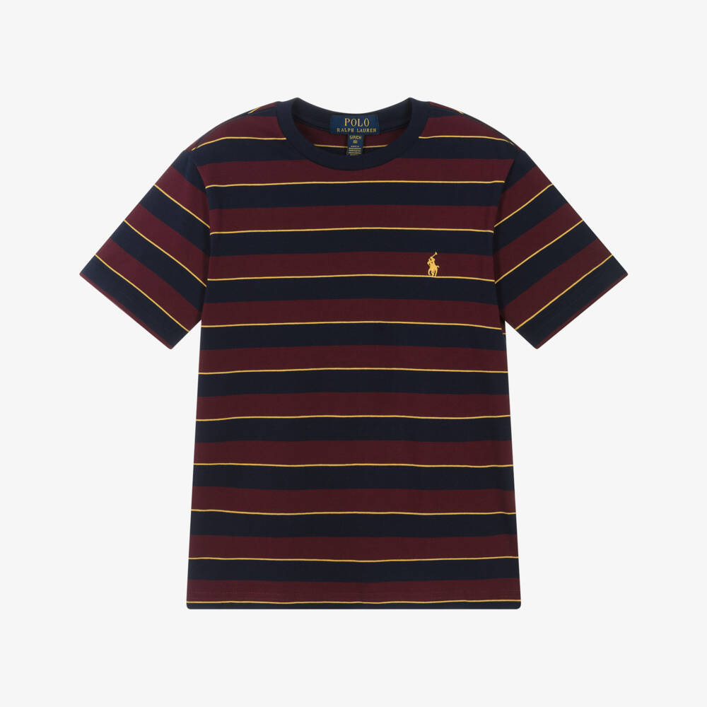 Ralph Lauren-Boys Maroon Red & Navy Blue Stripe Cotton T-Shirt | Childrensalon