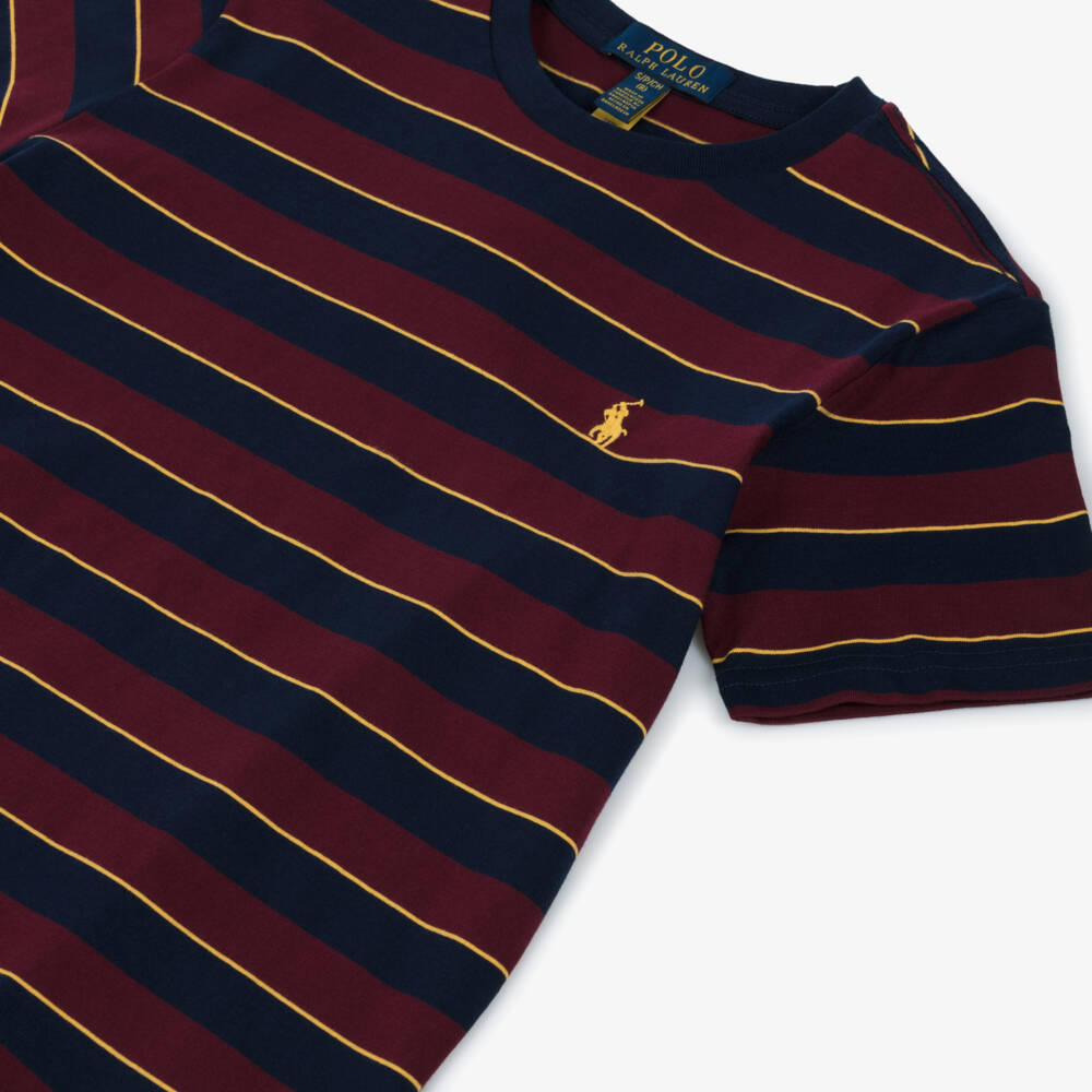Ralph Lauren-Boys Maroon Red & Navy Blue Stripe Cotton T-Shirt | Childrensalon