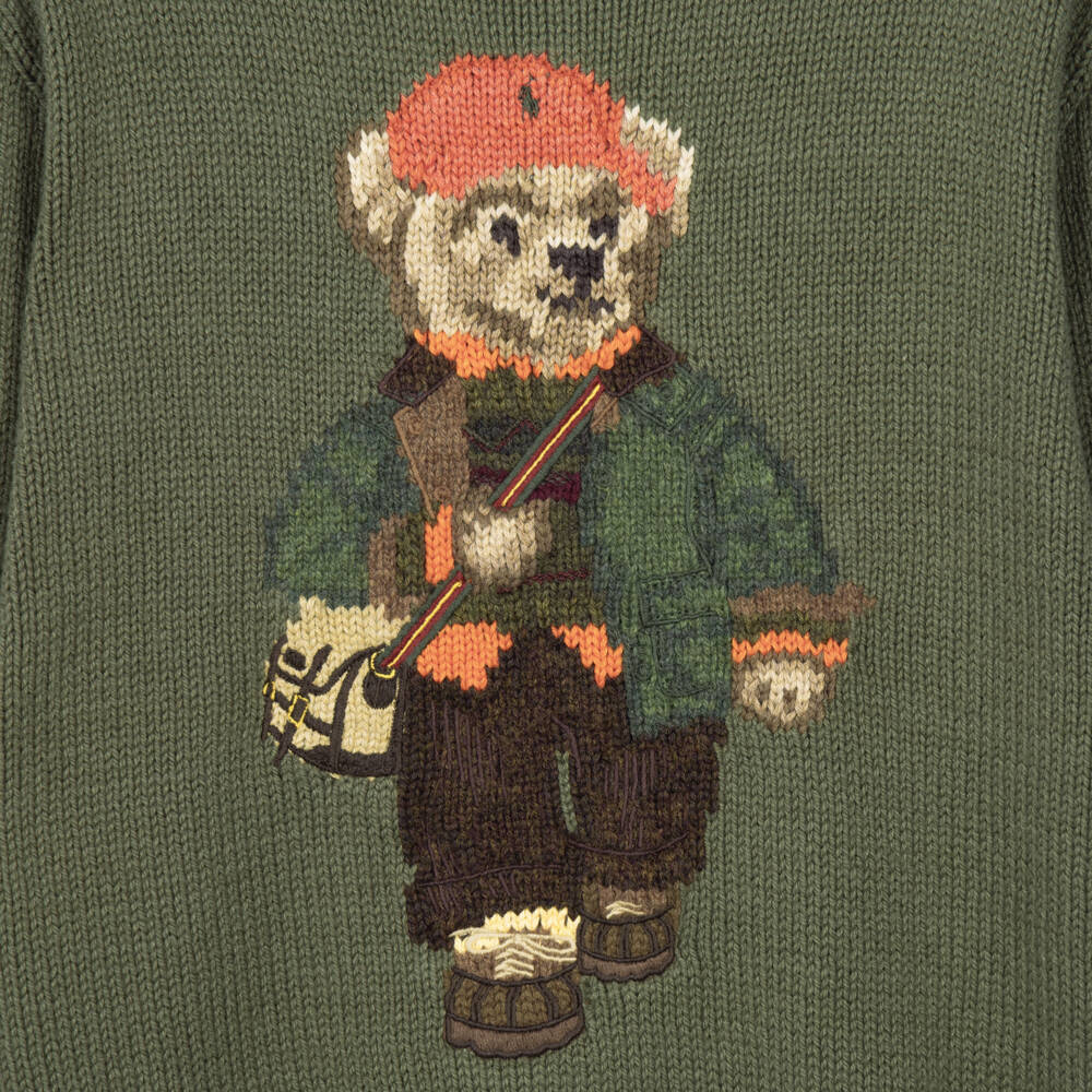 Ralph Lauren-Boys Moss Green Polo Bear Crew Neck Sweater | Childrensalon
