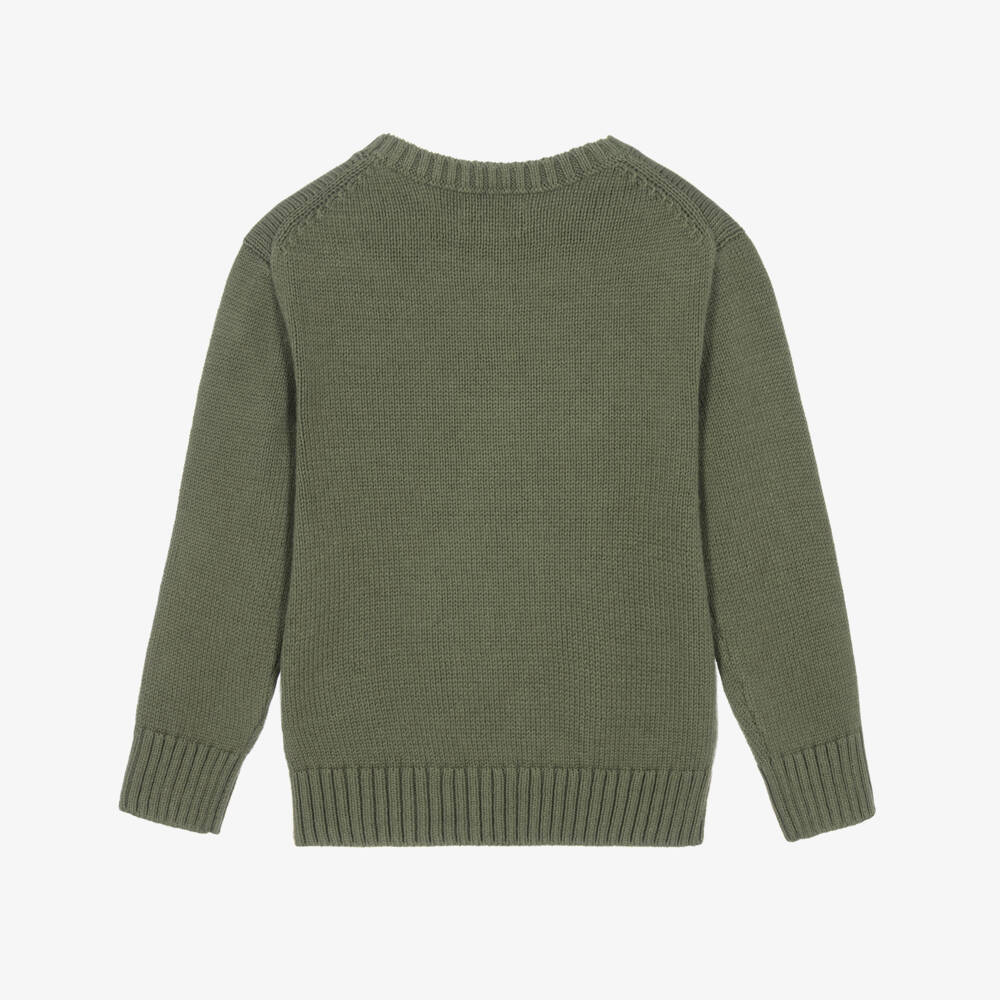 Ralph Lauren-Boys Moss Green Polo Bear Crew Neck Sweater | Childrensalon