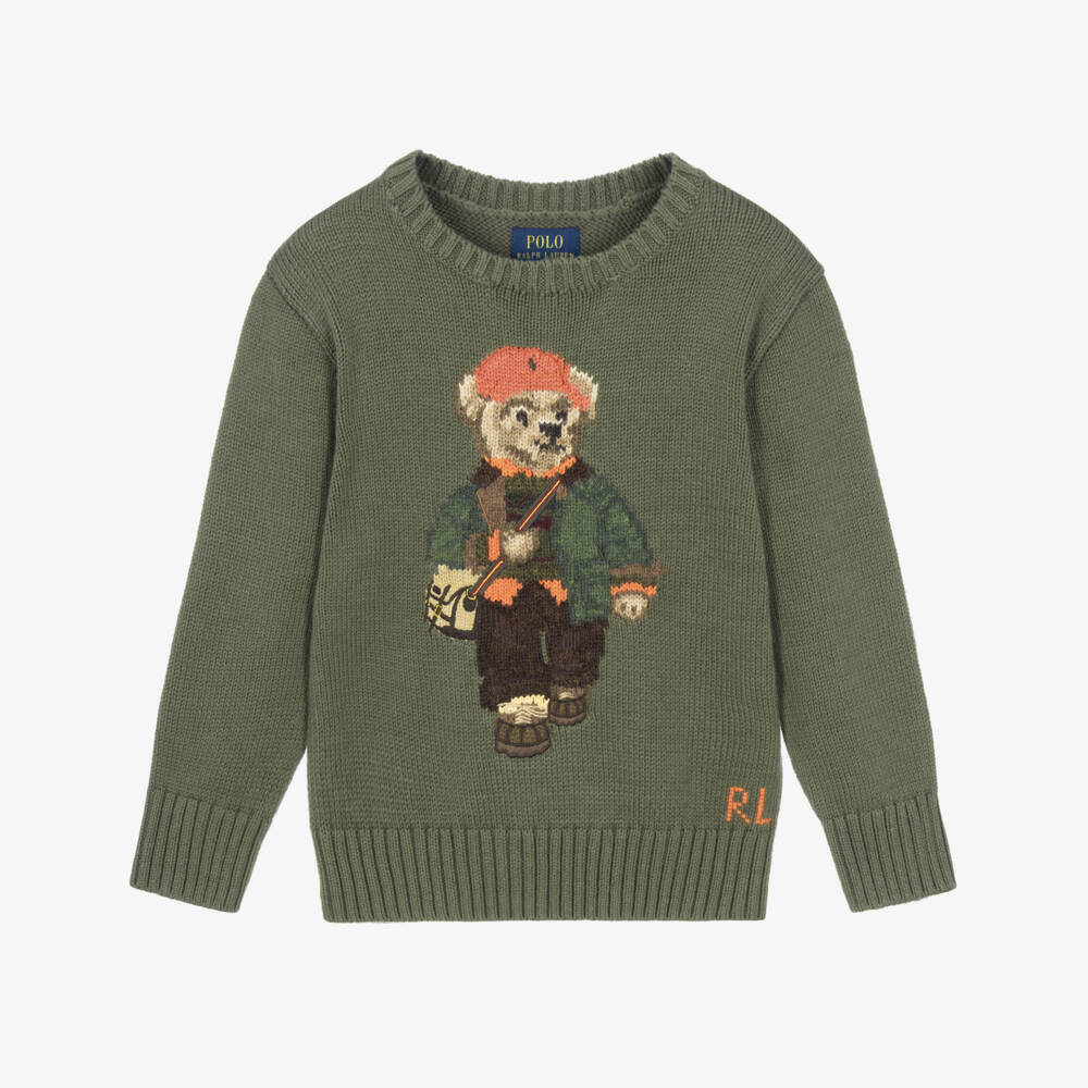 Ralph Lauren-Boys Moss Green Polo Bear Crew Neck Sweater | Childrensalon