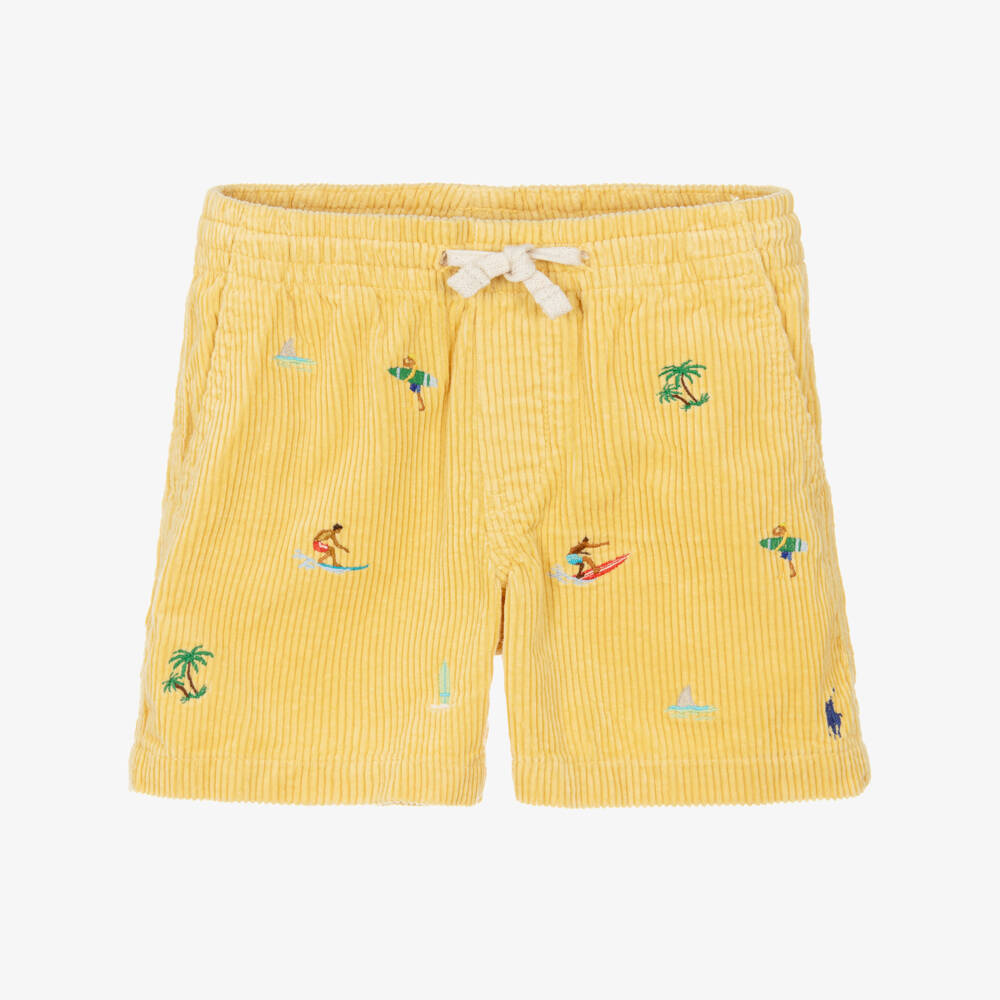 Ralph Lauren-Boys Mustard Yellow Corduroy Shorts with Embroidered Surfers | Childrensalon