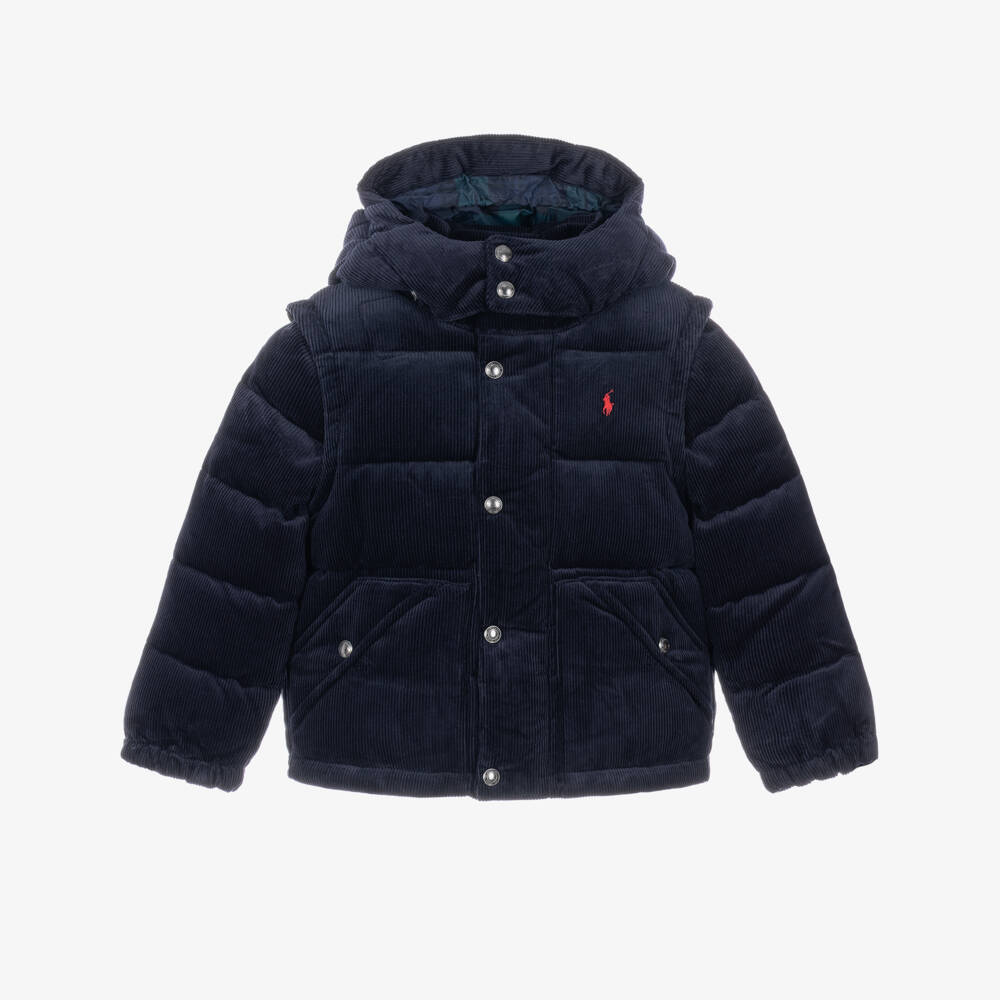Ralph Lauren-Boys Navy Blue Corduroy Convertible Down Jacket | Childrensalon