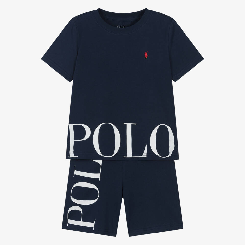 Ralph Lauren-Boys Navy Blue Cotton Jersey Short Pyjamas with Large Logos | Childrensalon