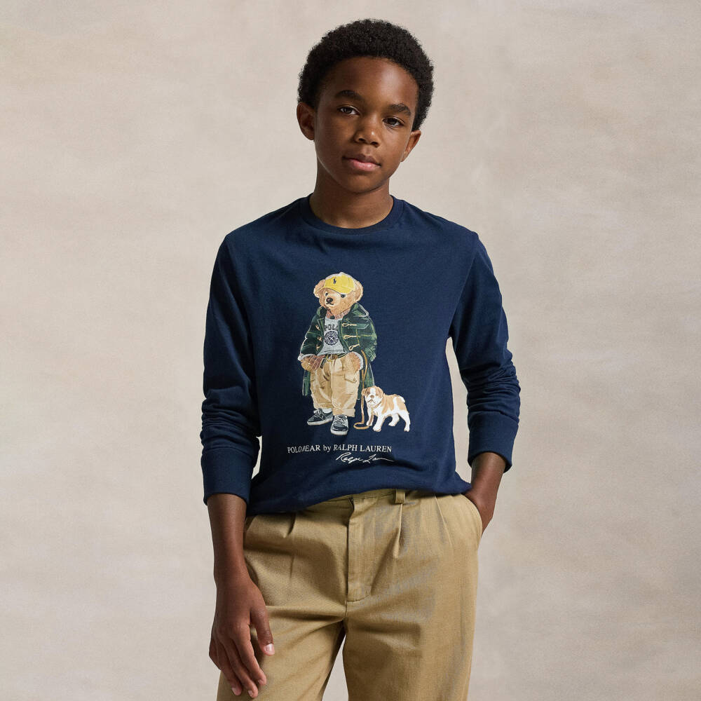 Ralph Lauren-Boys Navy Blue Cotton Long-Sleeve Top with Polo Bear Motif | Childrensalon