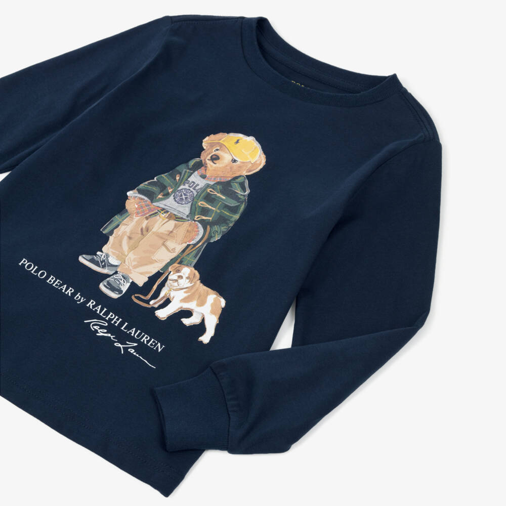 Ralph Lauren-Boys Navy Blue Cotton Long-Sleeve Top with Polo Bear Motif | Childrensalon