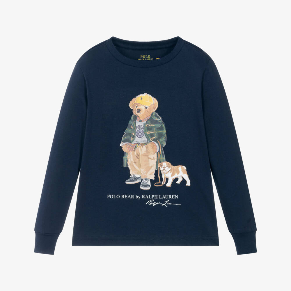 Ralph Lauren-Boys Navy Blue Cotton Long-Sleeve Top with Polo Bear Motif | Childrensalon
