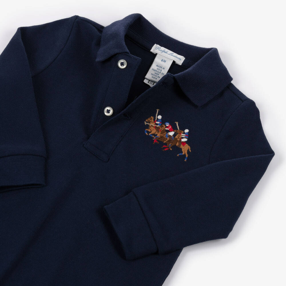 Ralph Lauren-Boys Navy Blue Cotton Piqué Babygrow with Triple Pony Logo | Childrensalon