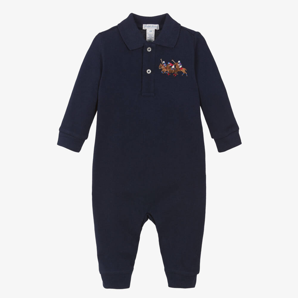 Ralph Lauren-Boys Navy Blue Cotton Piqué Babygrow with Triple Pony Logo | Childrensalon