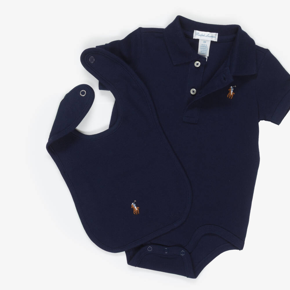 Ralph Lauren-Boys Navy Blue Cotton Piqué Babysuit Set with Pony Logo | Childrensalon