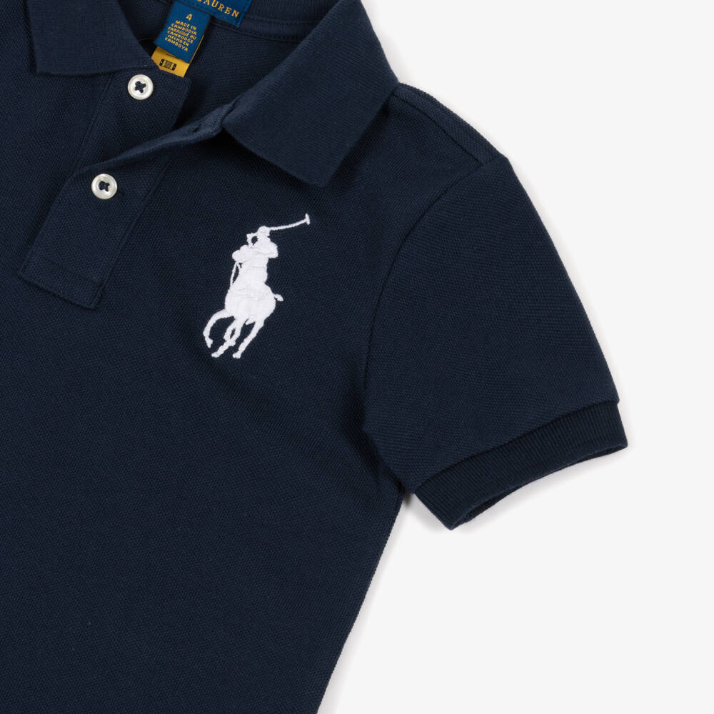 Ralph Lauren-Boys Navy Blue Cotton Piqué Polo Shirt with Big Pony Logo | Childrensalon