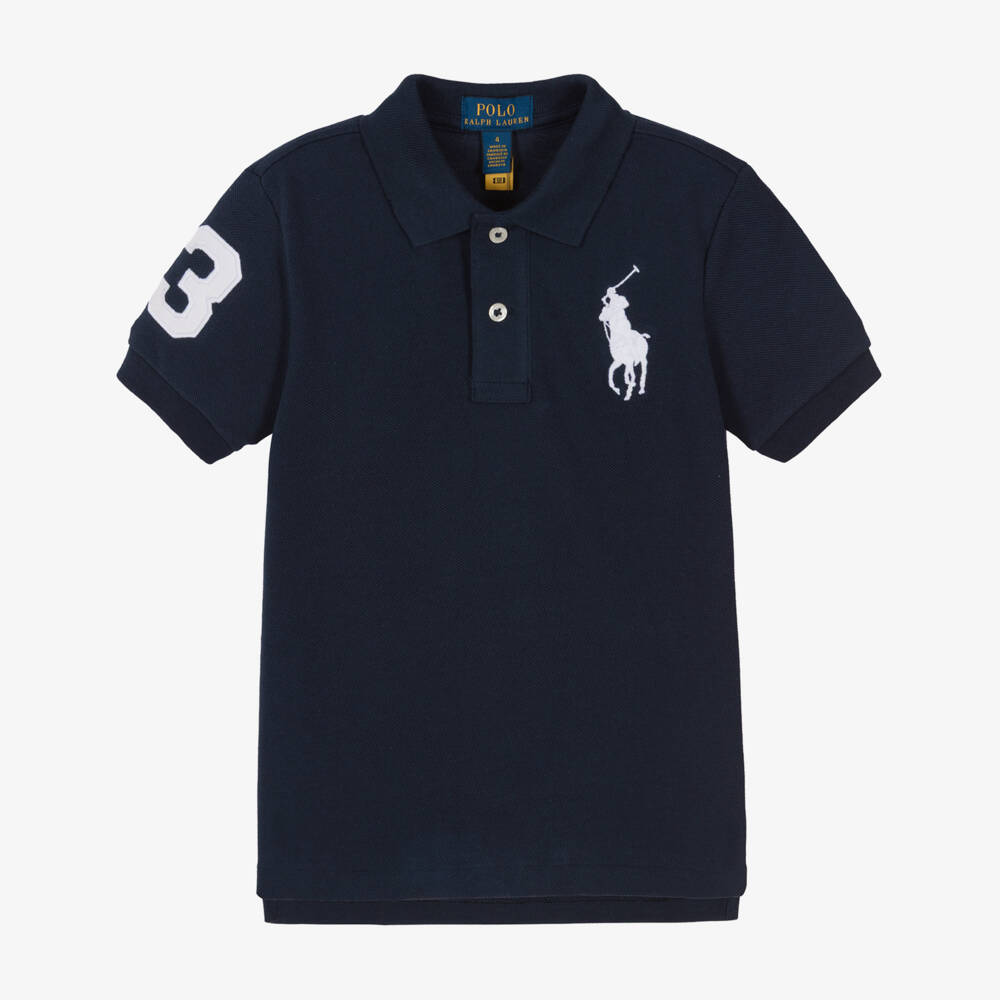 Ralph Lauren-Boys Navy Blue Cotton Piqué Polo Shirt with Big Pony Logo | Childrensalon