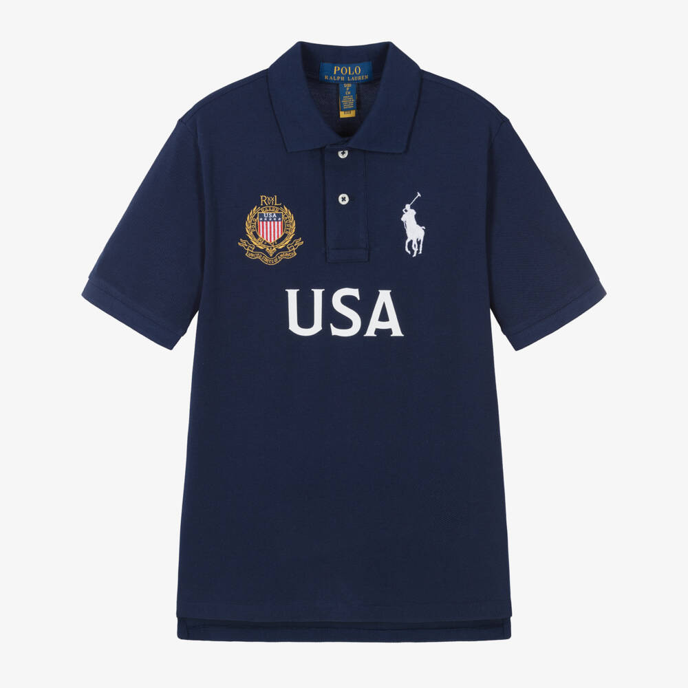 Ralph Lauren-Boys Navy Blue Cotton Piqué USA Polo Shirt  | Childrensalon