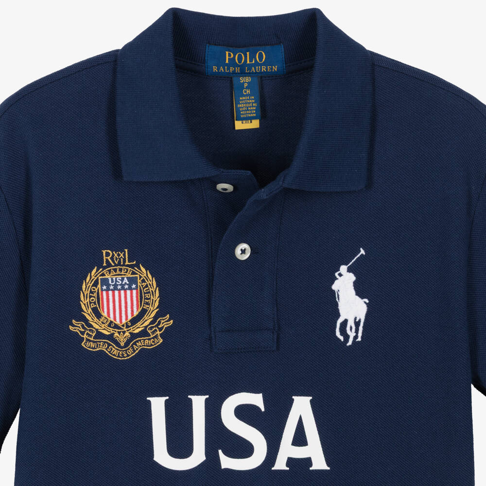 Ralph Lauren-Boys Navy Blue Cotton Piqué USA Polo Shirt | Childrensalon