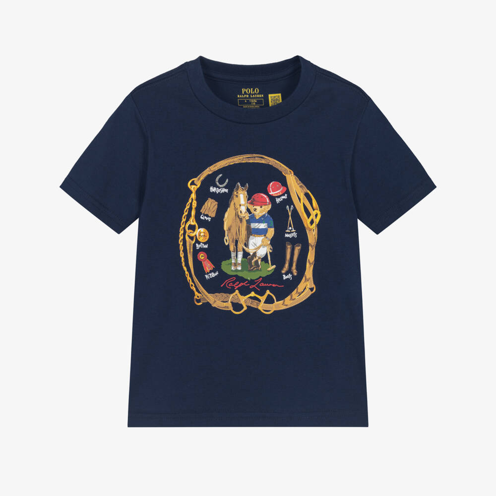 Ralph Lauren-Boys Navy Blue Cotton Polo Bear & Horse T-Shirt | Childrensalon