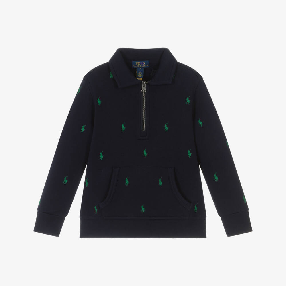 Ralph Lauren-Boys Navy Blue Cotton Quarter-Zip Sweatshirt with Pony Logos | Childrensalon