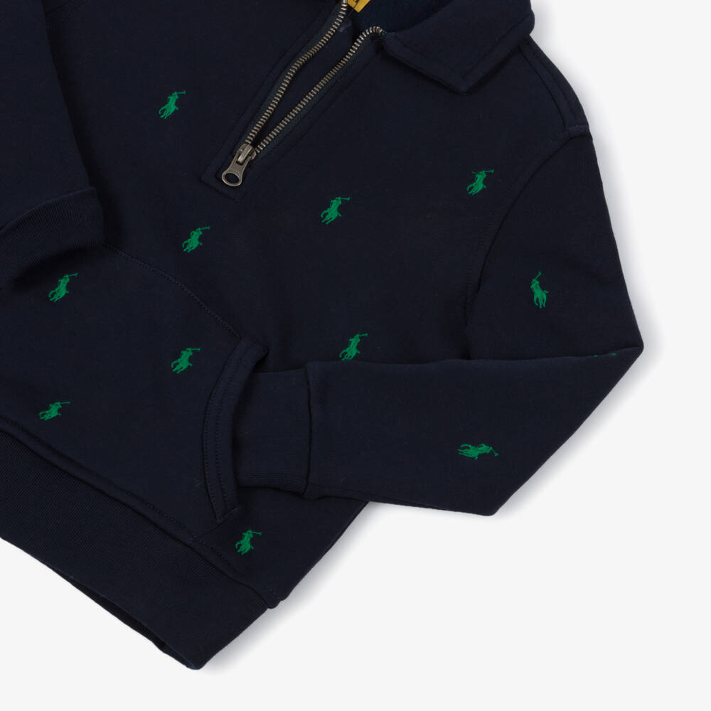 Ralph Lauren-Boys Navy Blue Cotton Quarter-Zip Sweatshirt with Pony Logos | Childrensalon